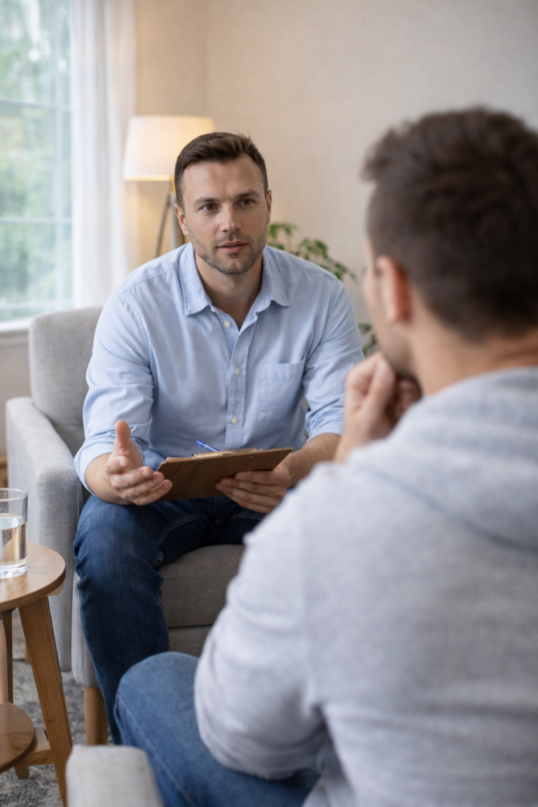 A counselor speaking with an adult man during an individual counseling session