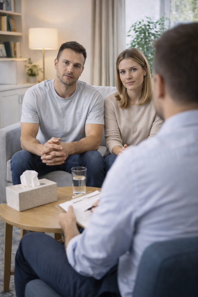 A couple speaking with a counselor in a private counseling session