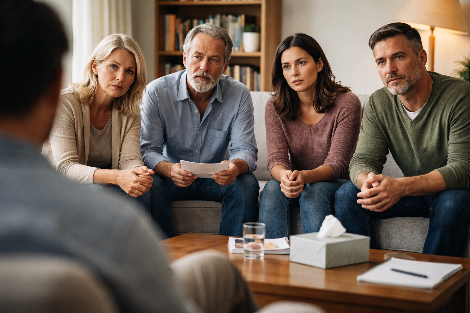 Family intervention for addiction with concerned family members sitting together during a serious conversation