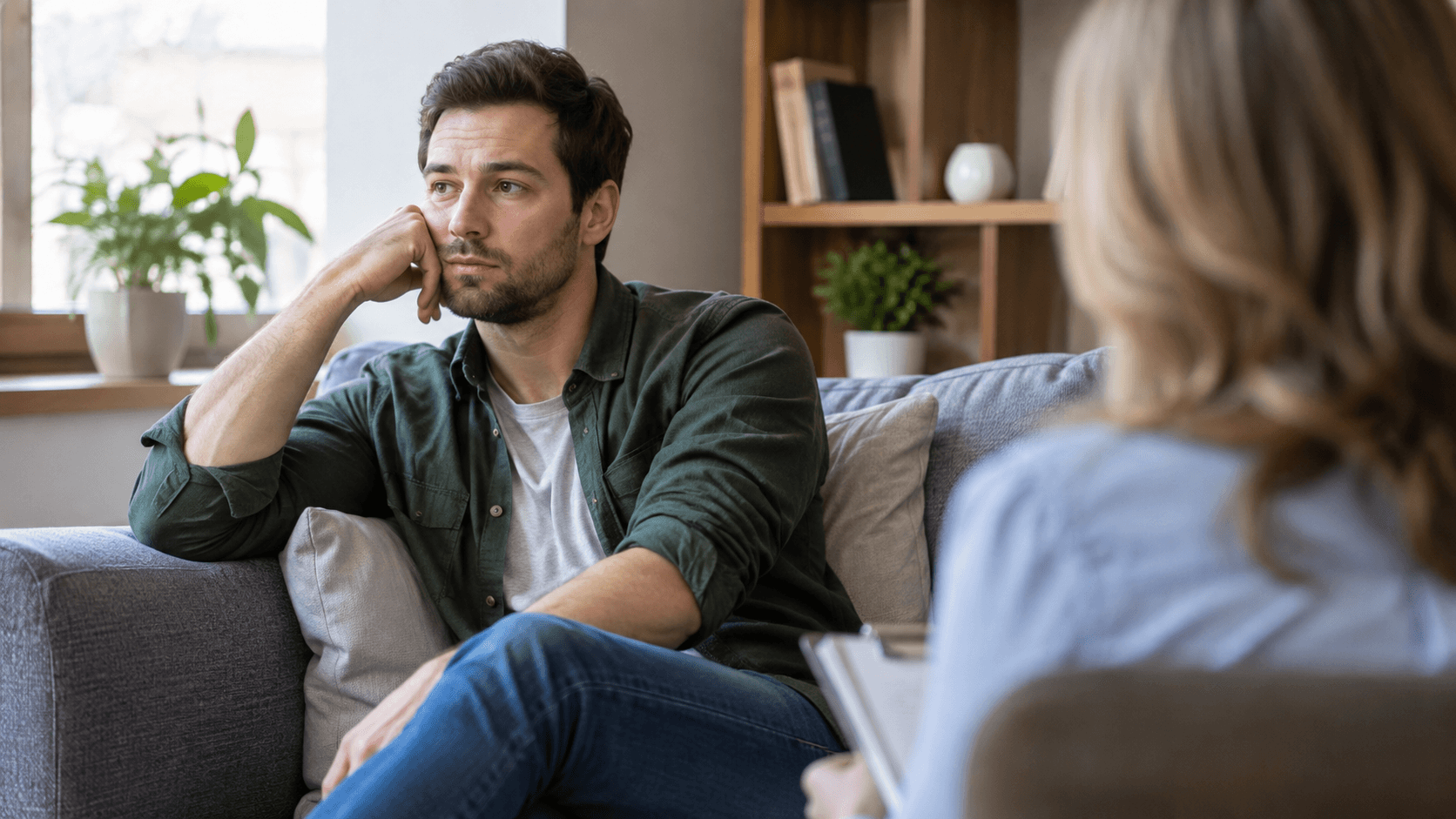 Man experiencing anhedonia during addiction recovery while talking with a counselor in a therapy session.