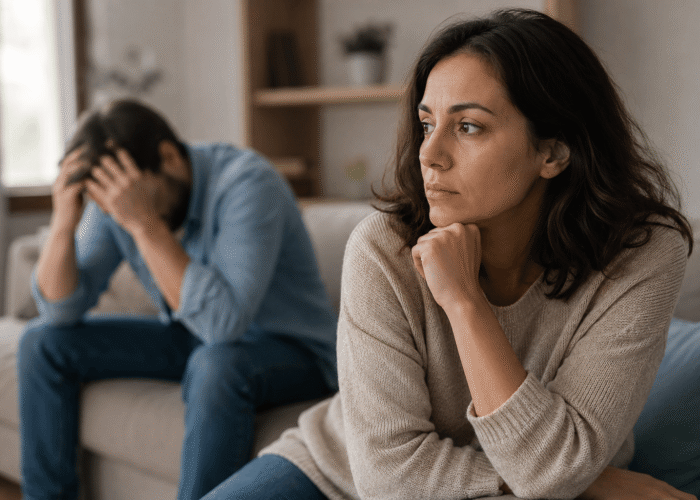 Set Boundaries With Someone With Addiction Woman sitting apart from a man while setting boundaries with someone struggling with addiction