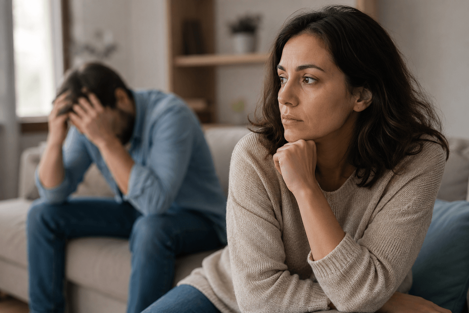 Woman sitting apart from a man while setting boundaries with someone struggling with addiction